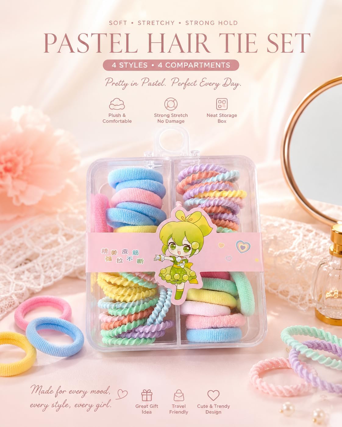 Elastic Hair Ties Set for Girls, Colorful No Metal Hair Scrunchies, Soft, Smooth and Highly Stretchable, 4 Sections in a Transparent Box, Suitable for Daily Use, Twisted and Classic Design, Multiple Pastel Colors