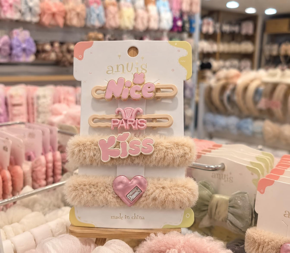 4-Piece Furry Hair Accessories Set and Clips with Nice/Paris/Kiss Prints
