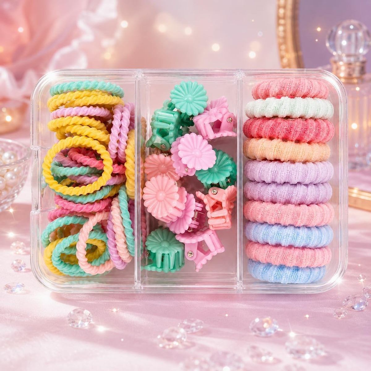 Hair accessory organizer box set including clips and hair ties