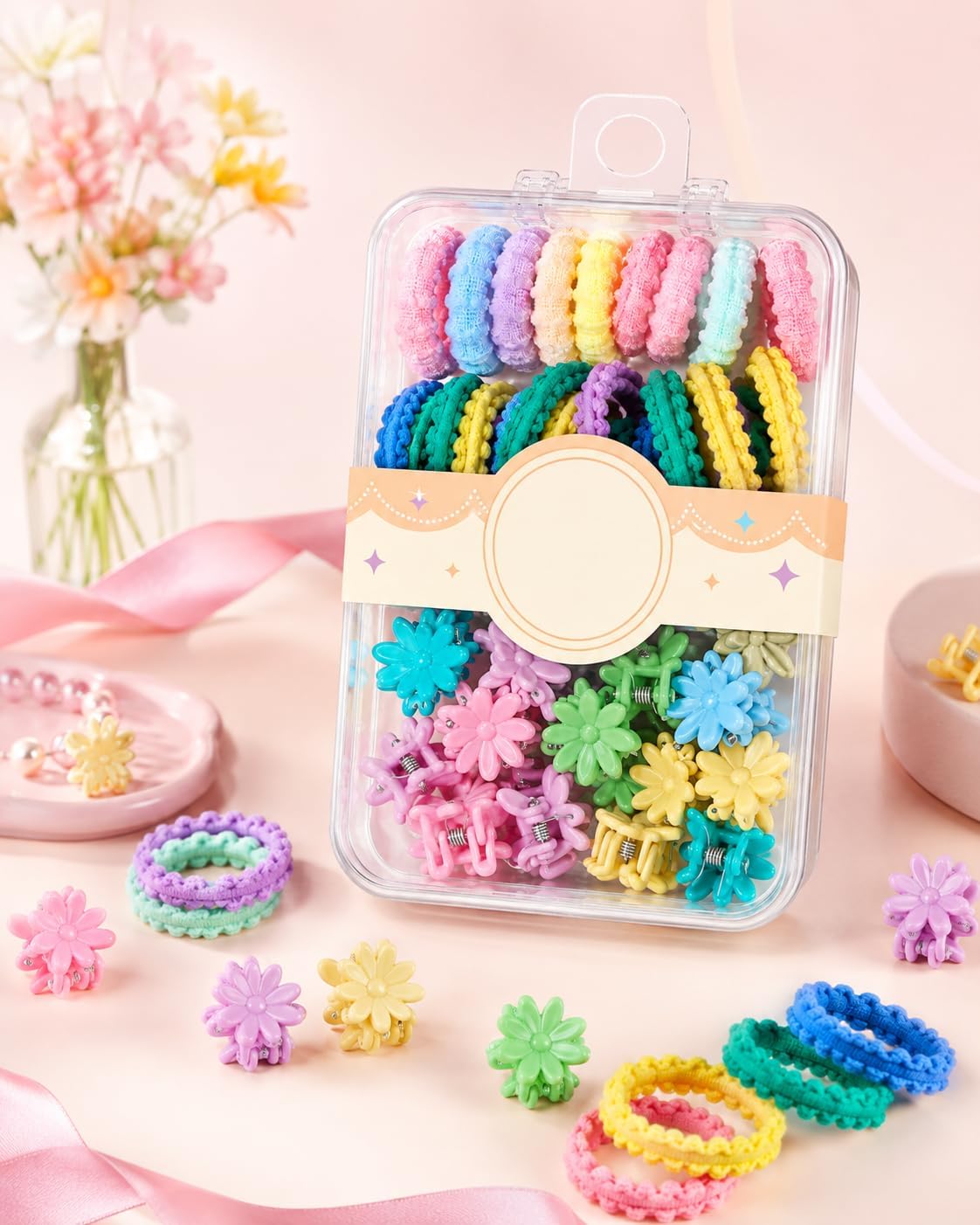 Girls' hair accessory set including hair ties and flower clips