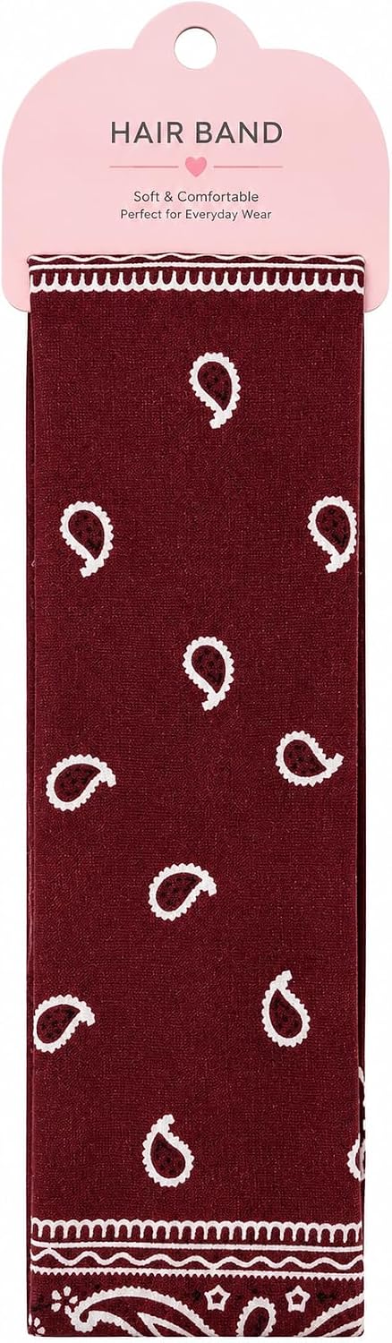 Women's hair bandana with a vintage design and elegant paisley print, a flexible and comfortable hair tie for everyday use, a soft hair accessory that is perfect for staying in place and adding style in dark red.