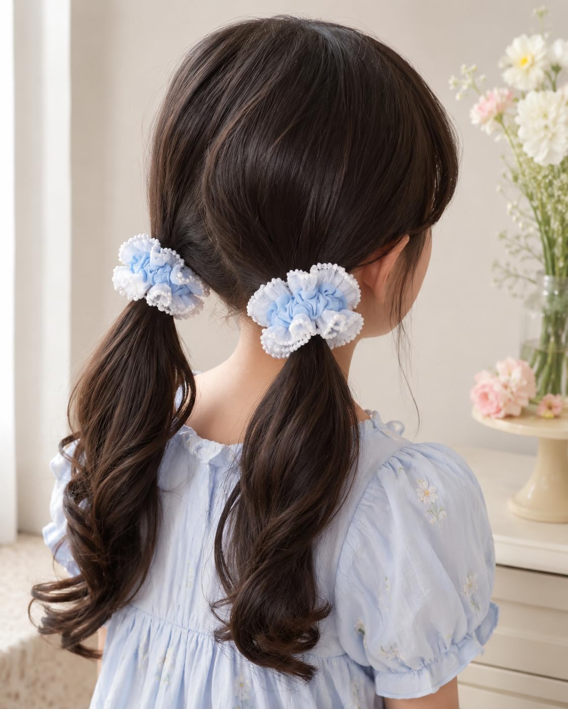 Elegant Scrunchie for Women and Girls with Lace Edges and Pearl Embroidery, Soft and Gentle on Hair for Everyday Hairstyles and Occasions (Blue)