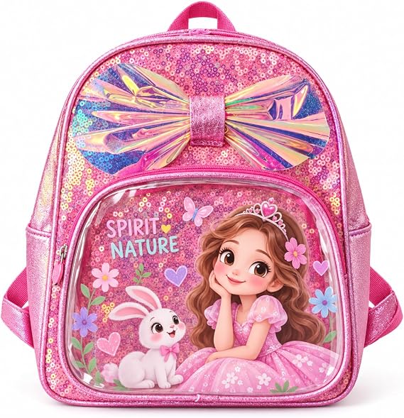 Girls' princess-themed backpack with sequins and a clear front pocket