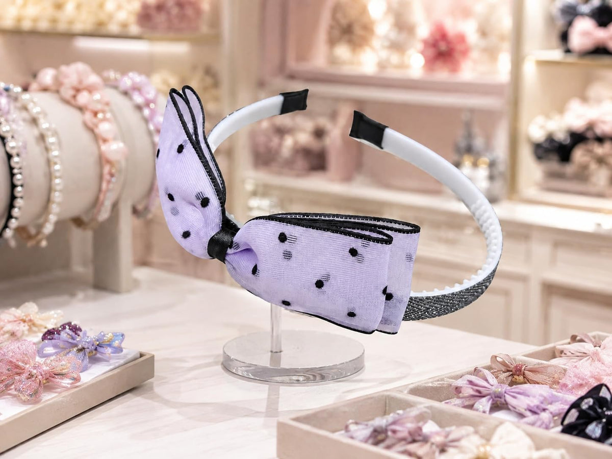Girls' headband with a purple and black polka dot bow, elegant bow design, for everyday use, suitable for occasions, trendy hair accessory, one piece