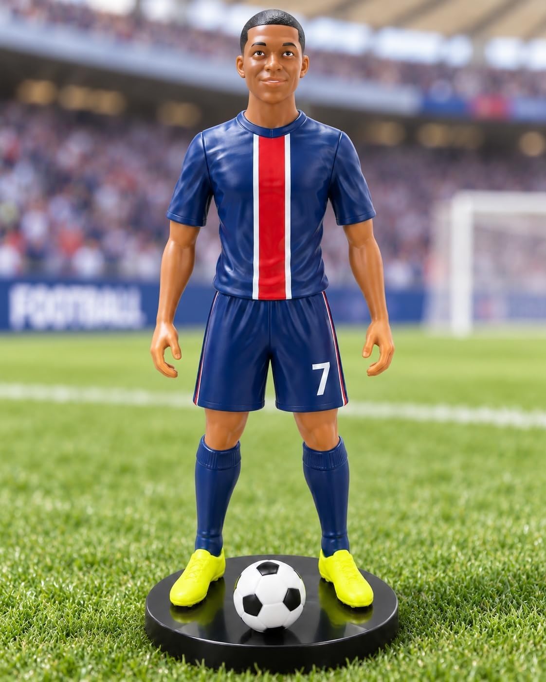 Football player commemorative statue with a circular base and a miniature ball