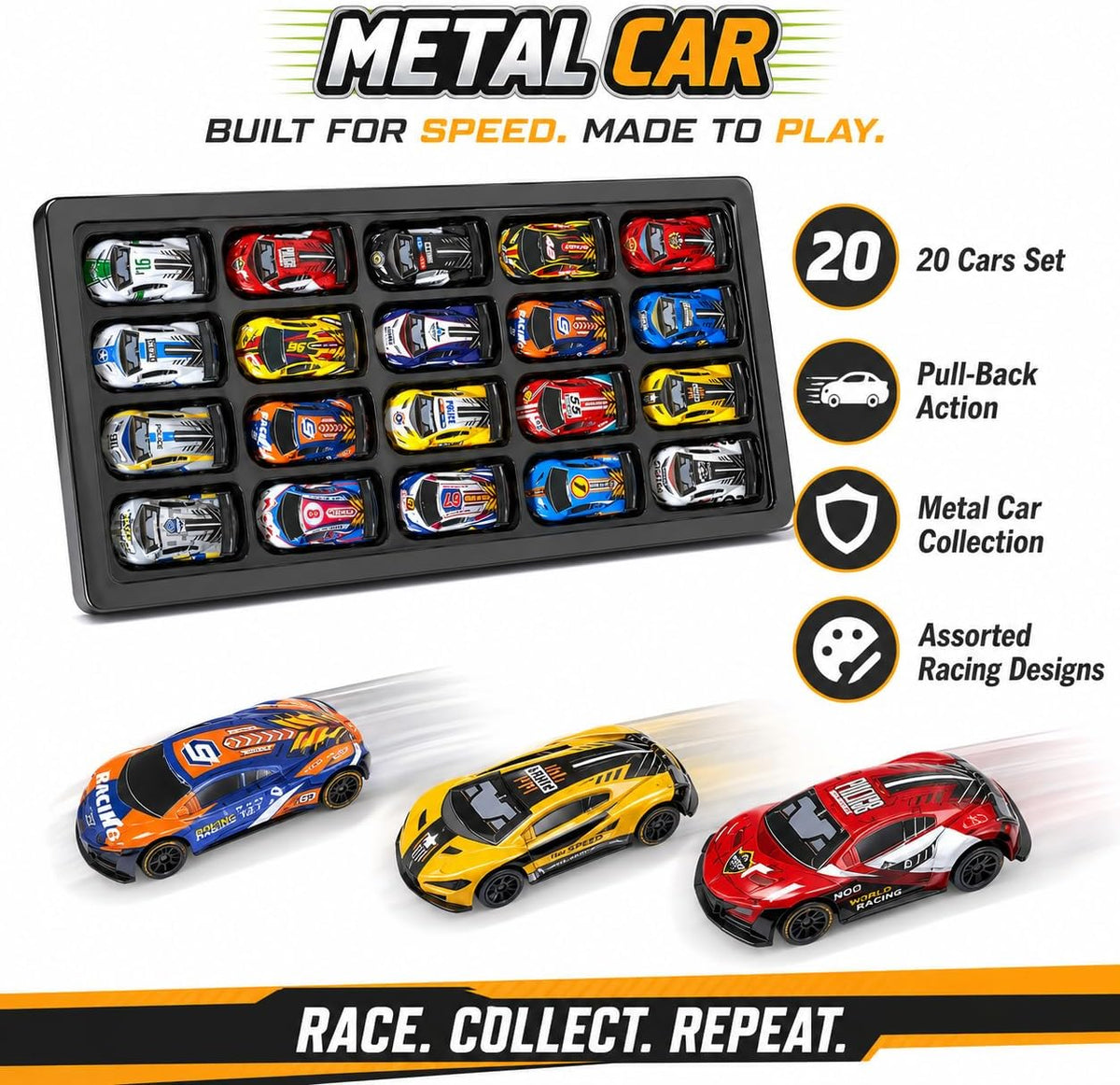 Set of 20 pull-back die-cast racing cars
