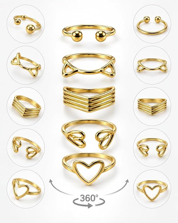 A 5-piece set of modern women's rings from First Choice, featuring hinged and adjustable midi rings with geometric and heart designs—a stylish and comfortable fashion accessory for everyday looks and special occasions.