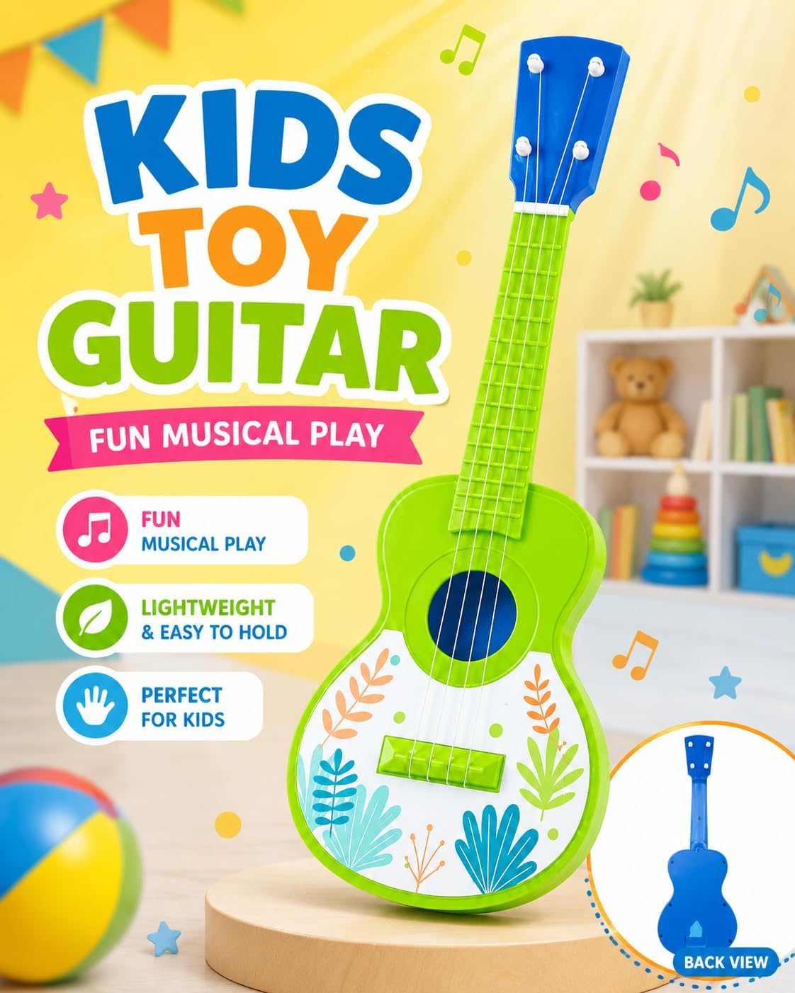45 cm plastic children's guitar with 4 tunable strings