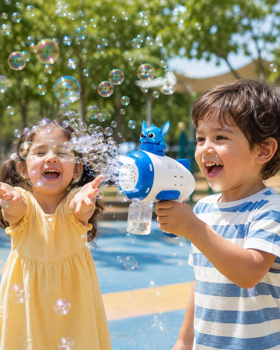 Automatic cartoon bubble gun with a bottle of solution