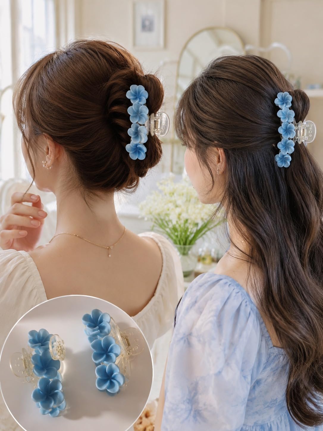Transparent plastic hair clips with an attractive flower design for secure everyday hair styling and coordinating women's accessories for girls and women with high efficiency and distinctive elegance, one piece (Yellow color) (Blue)