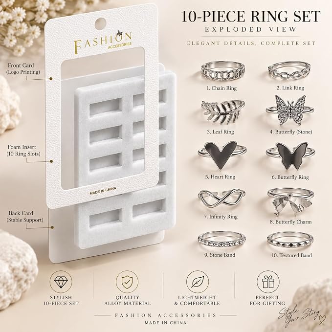 Trendy Women's Ring Set - 10 pieces in various designs (butterfly, heart, and chains) - Elegant and comfortable accessories for daily use and special occasions - First Choice