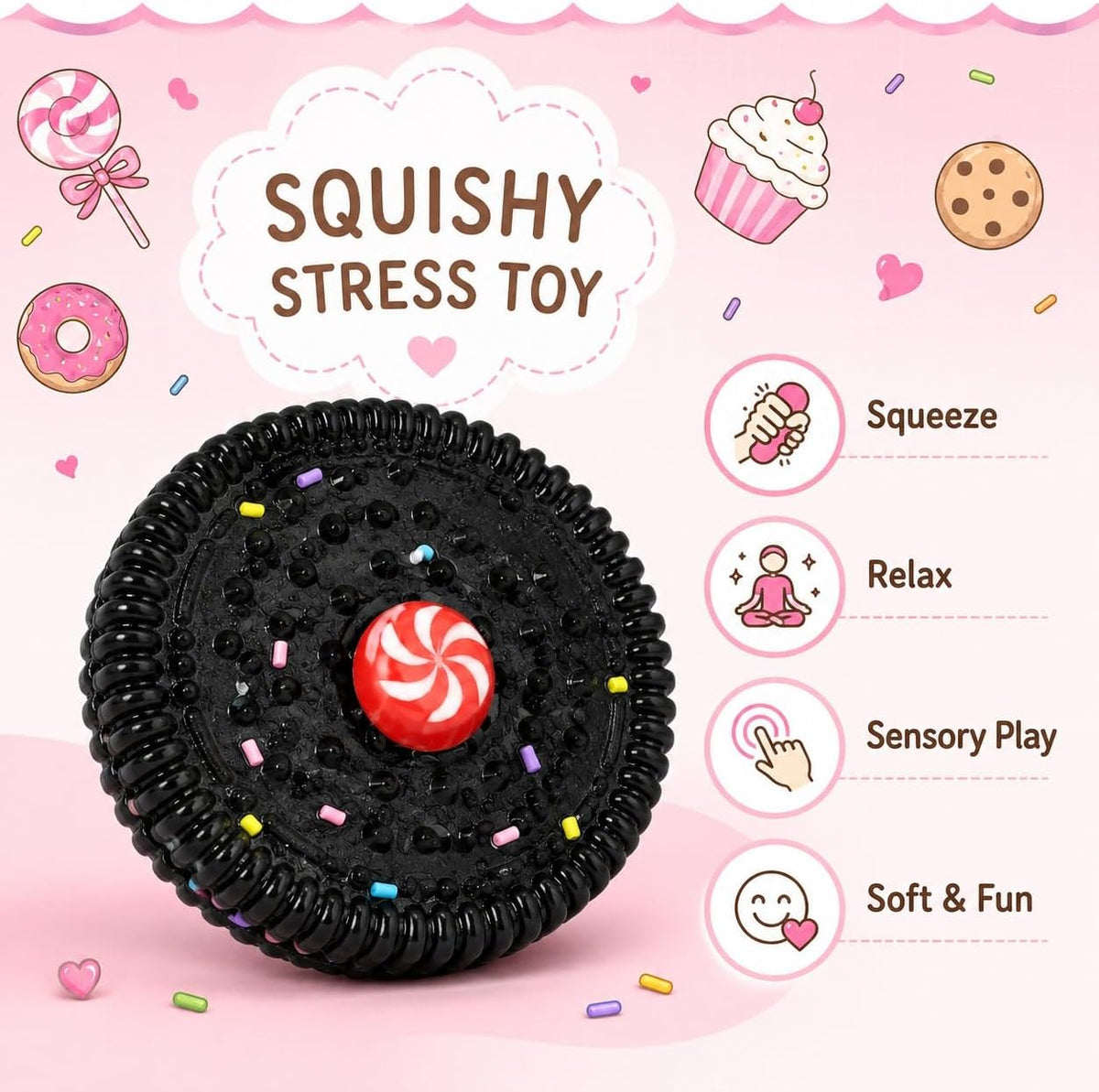 One-piece flexible biscuit-shaped stress toy