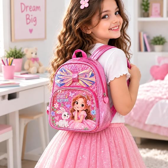 Girls' princess-themed backpack with sequins and a clear front pocket