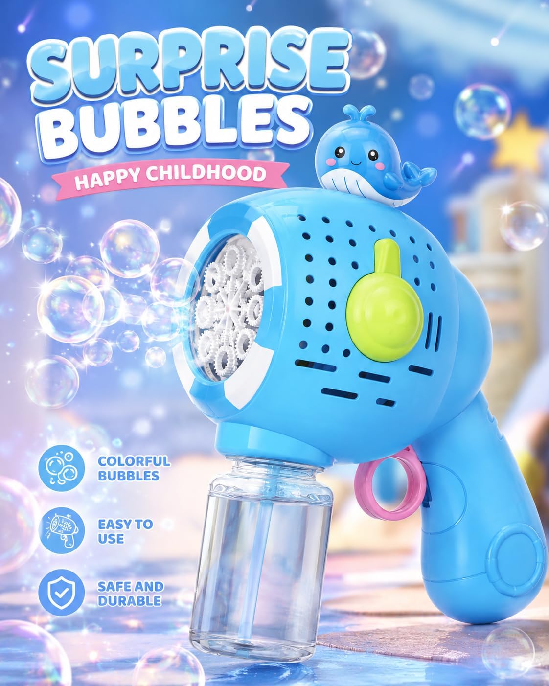Automatic bubble gun with multiple holes and lighting