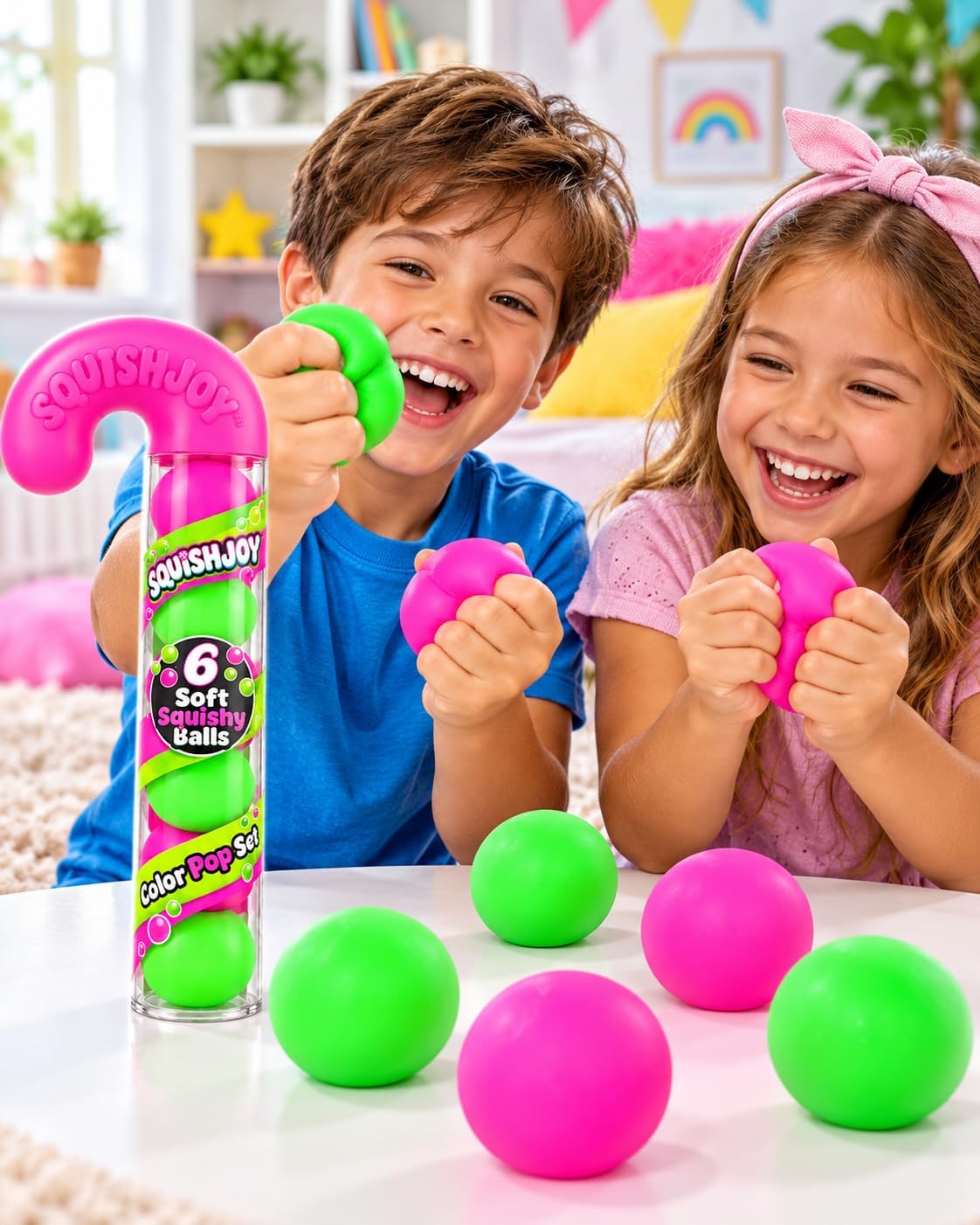 Squishy Stress Relief Ball Set (6 Colorful Balls - 4 cm) in an Elegant Display Box - Flexible Squeeze Toys with a Soft Texture for Kids and Adults | FIRST CHOICE