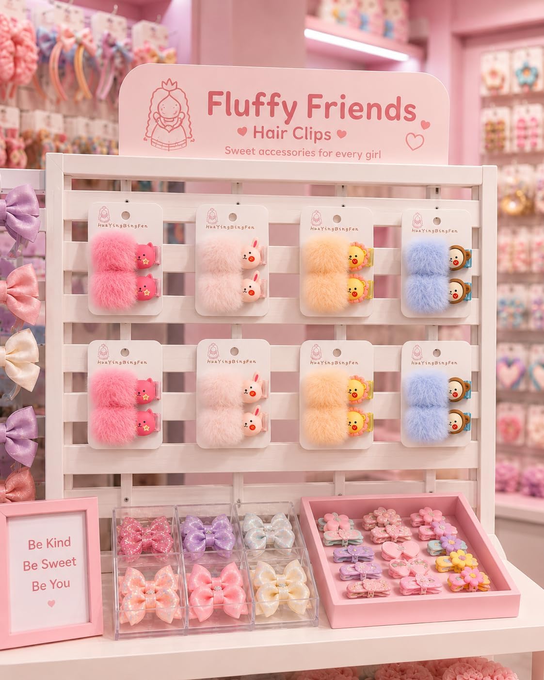 Hair clips for children and girls with fur ball designs and cute animal shapes, fabric-covered woven headband and clips for hairstyling - two pieces in assorted styles