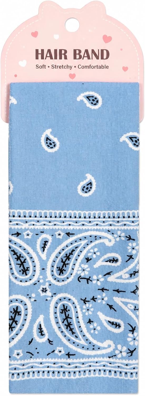 Women's hair bandana with a vintage design and elegant paisley print, a flexible and comfortable hair tie for everyday use, a soft hair accessory that is perfect for staying in place and adding style in light blue.
