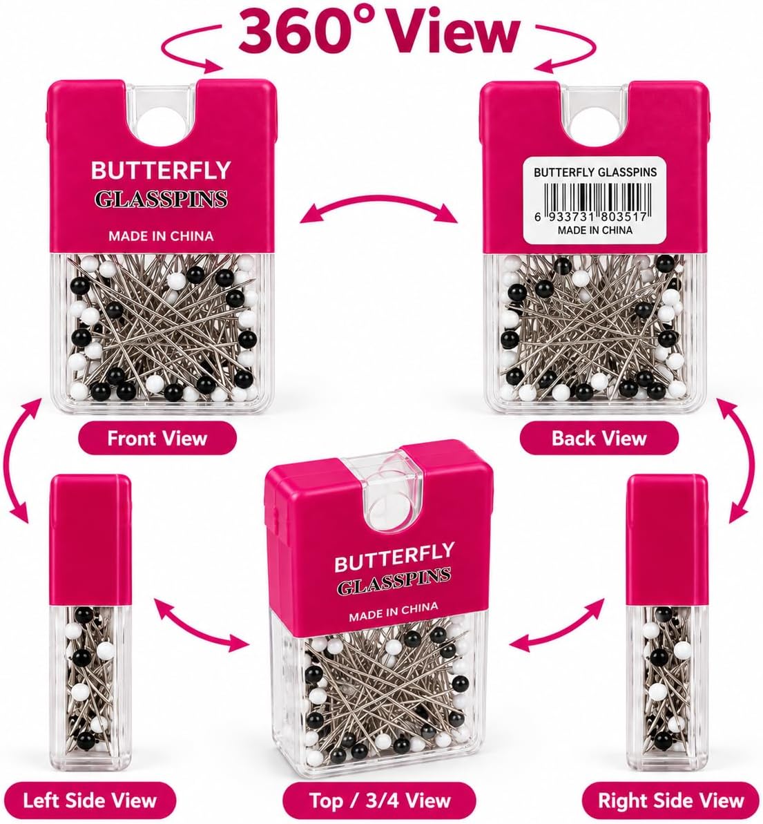 A box of 80 black and white glass head pins with a transparent case