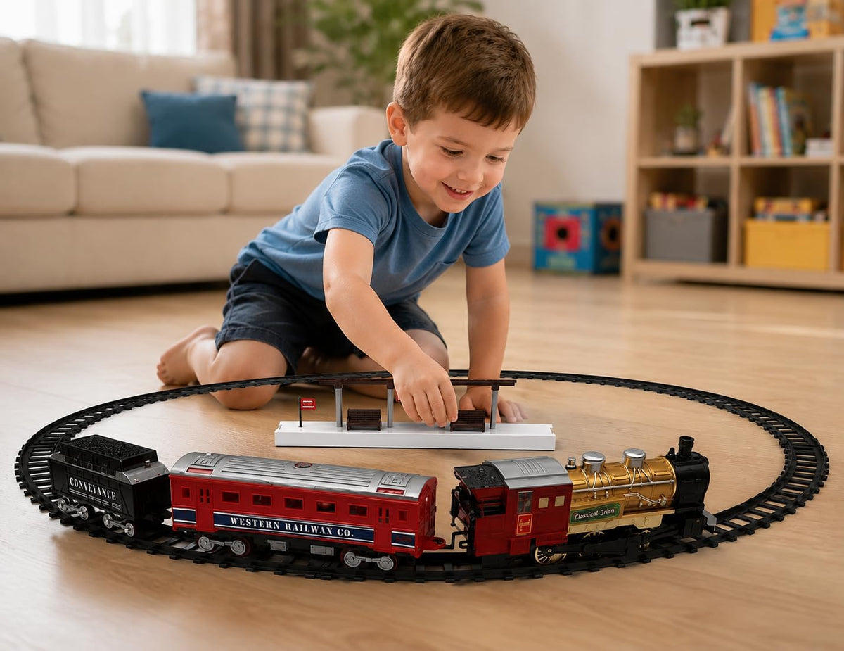 Classic steam train set with an oval track and passenger station