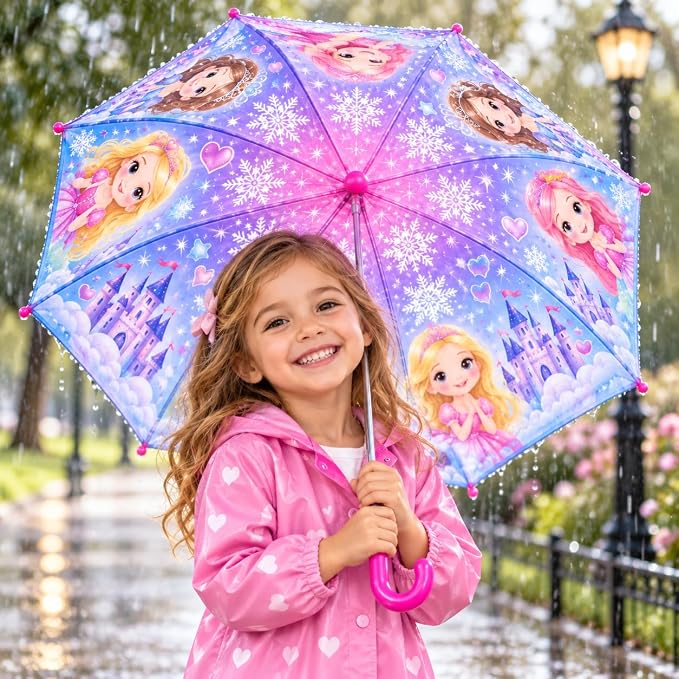 Cartoon animal design rain and sun umbrella with a curved handle