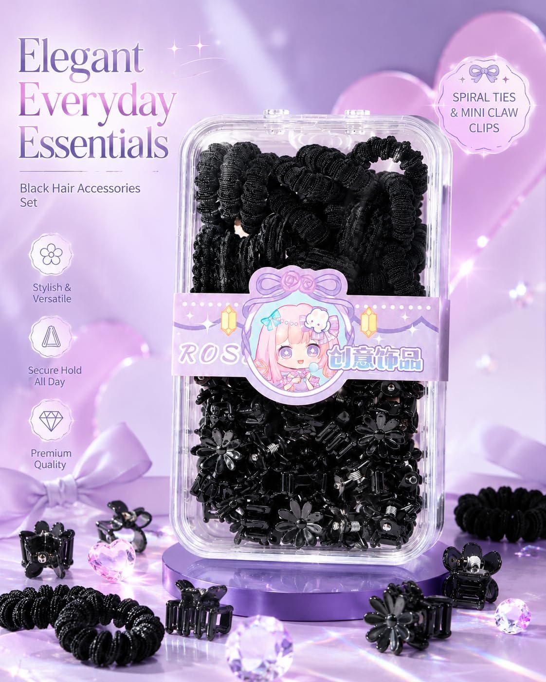 A set of black hair clips and ties with a floral design in a transparent case