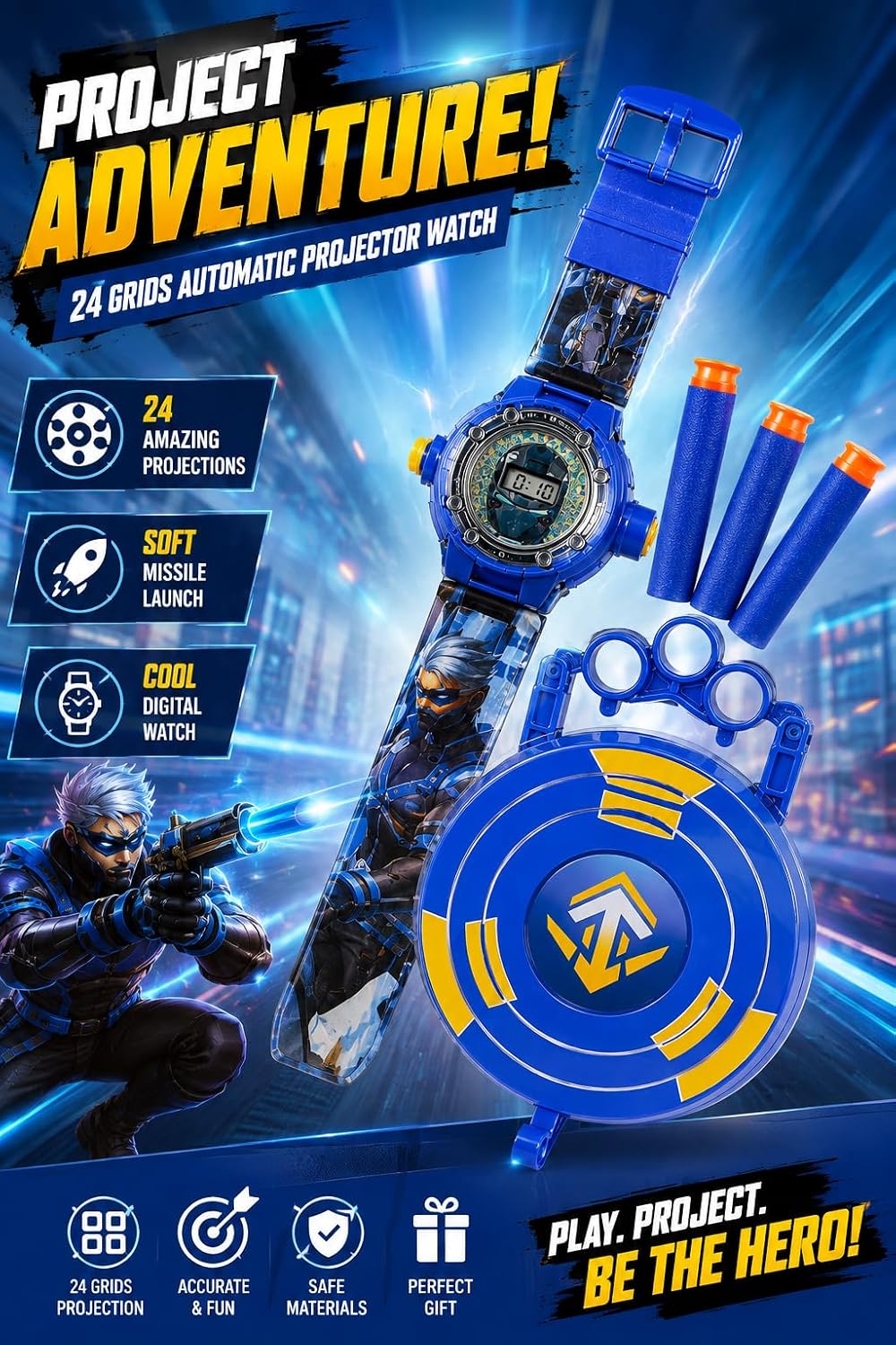 Digital projector watch with 24 images, foam rocket launcher, and target