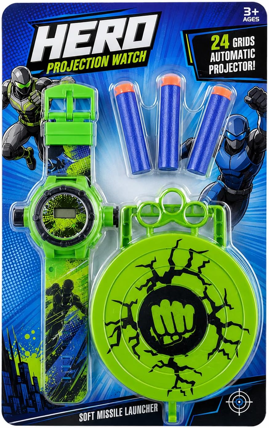 Light-up photo display clock with heroes design, hand launcher and 3 soft arrows for adventures from First Choice