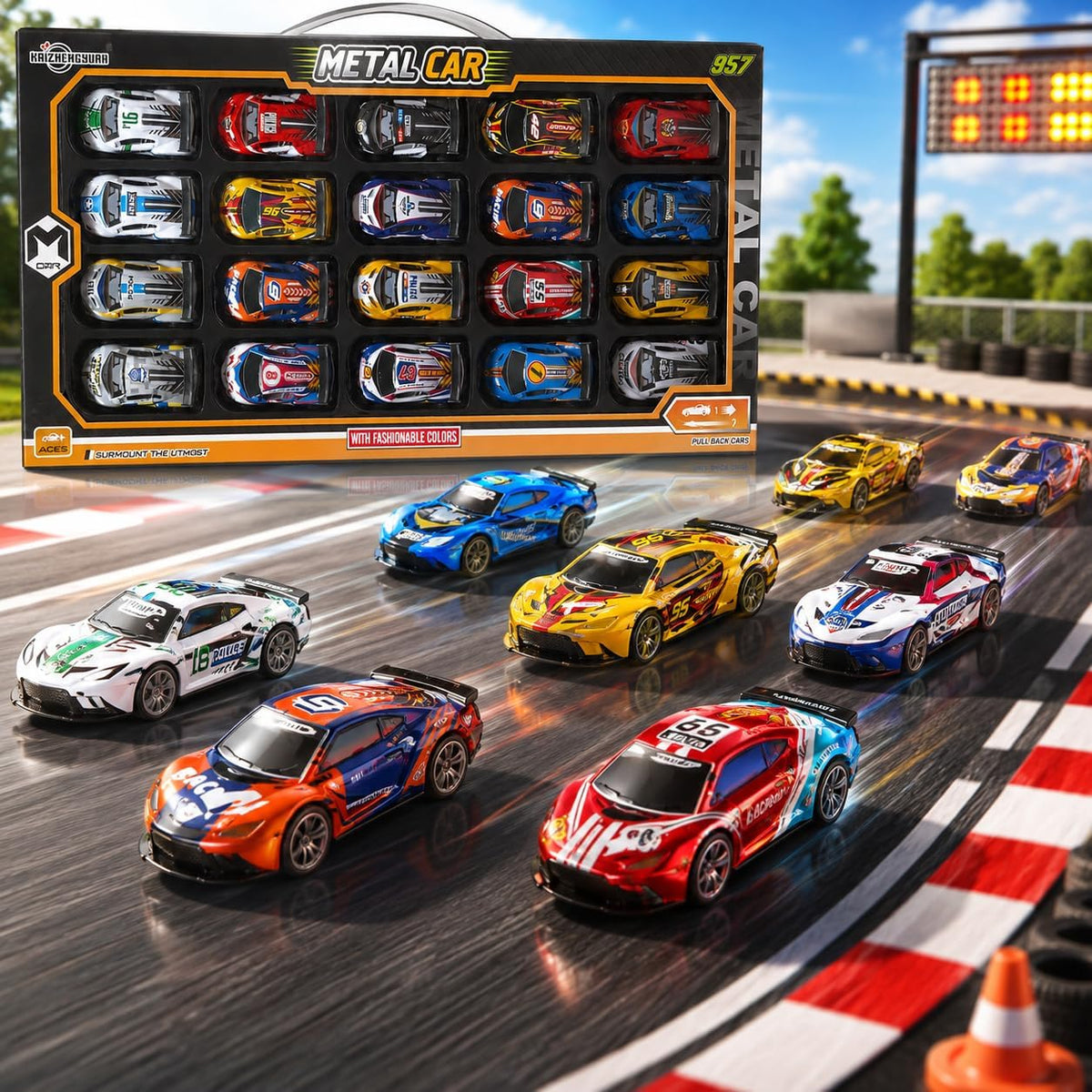 Set of 20 pull-back die-cast racing cars