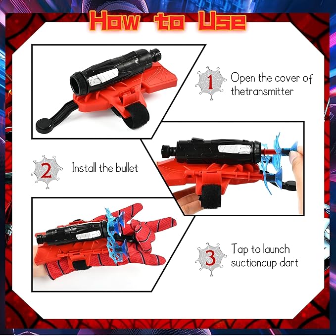 Spider-Man Web Shooter Toy for Kids - Superhero Wrist Launcher with 6 Multi-Colored Pieces, Safe Suction Cup Darts, and Gloves for Parties, Cosplay, and Interactive Play